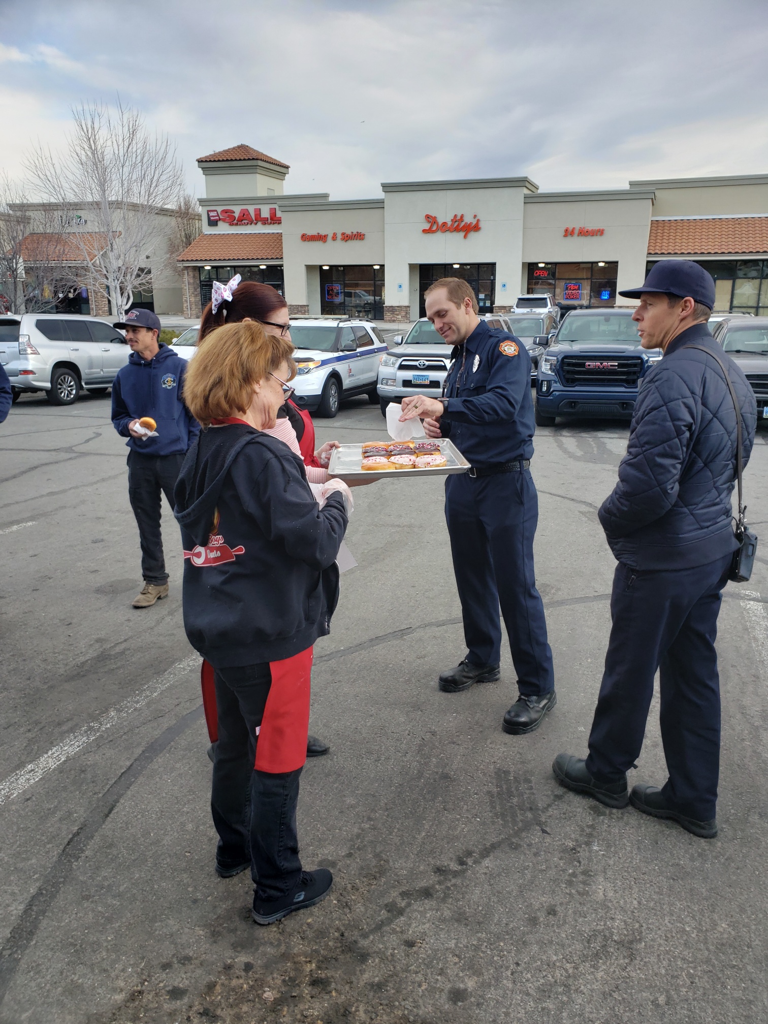 Police officers getting donuts
